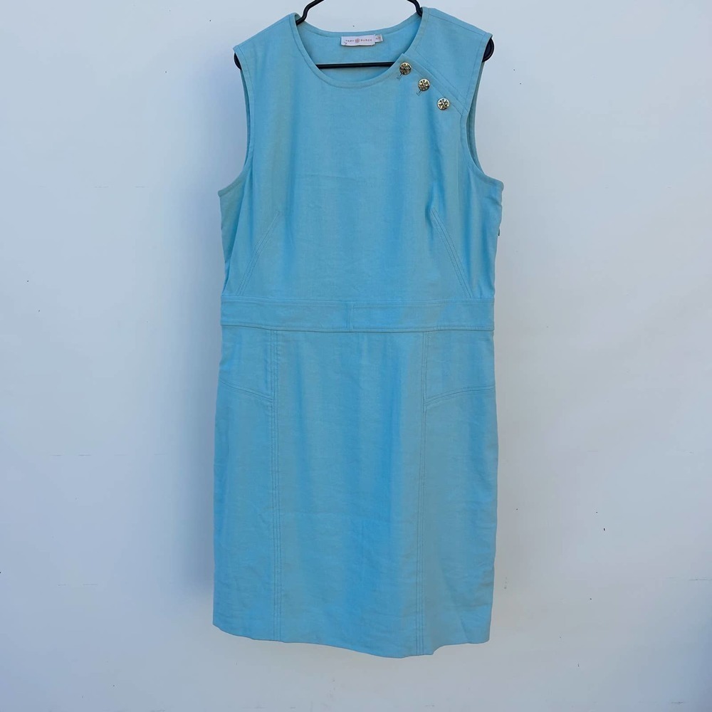 Tory Burch Light Blue Sleeveless Shift Dress with Gold Buttons